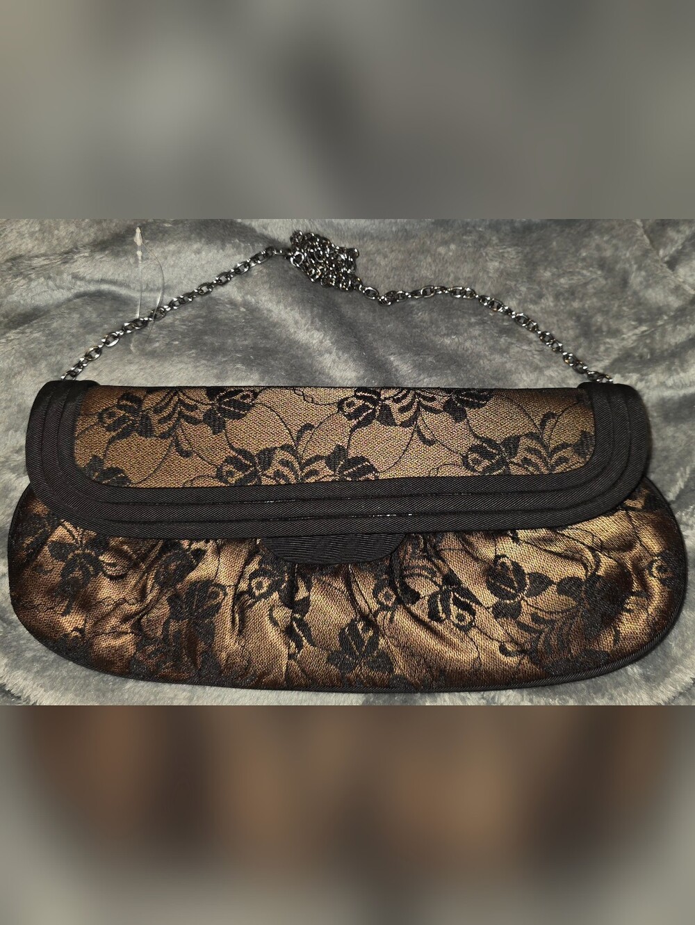 NWOT marmi Black & Gold Lace Evening Clutch with Gunmetal Chain Strap